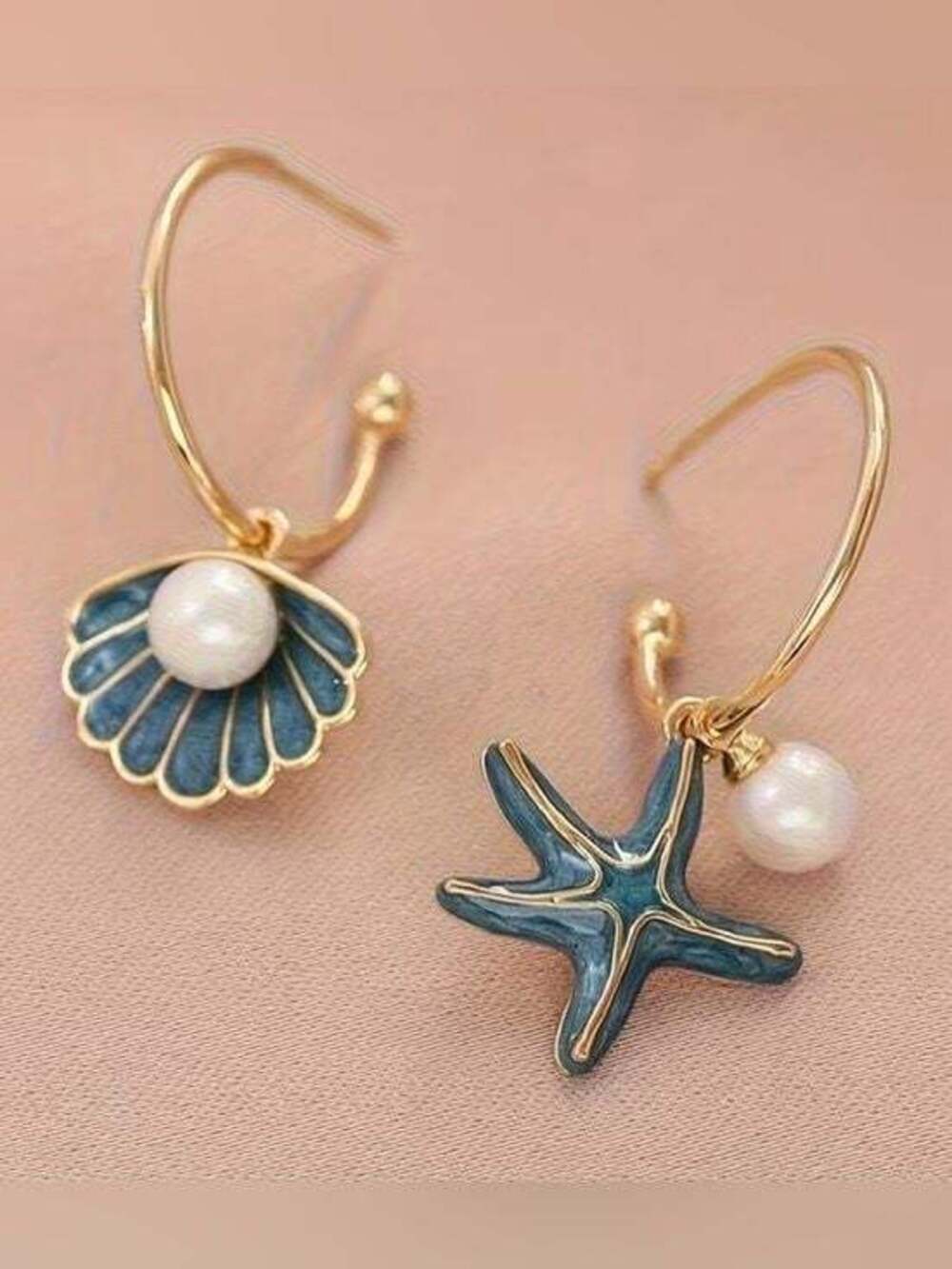 Gold Hoop Earrings with Green Enamel Shell & Starfish Charms and White Pearls